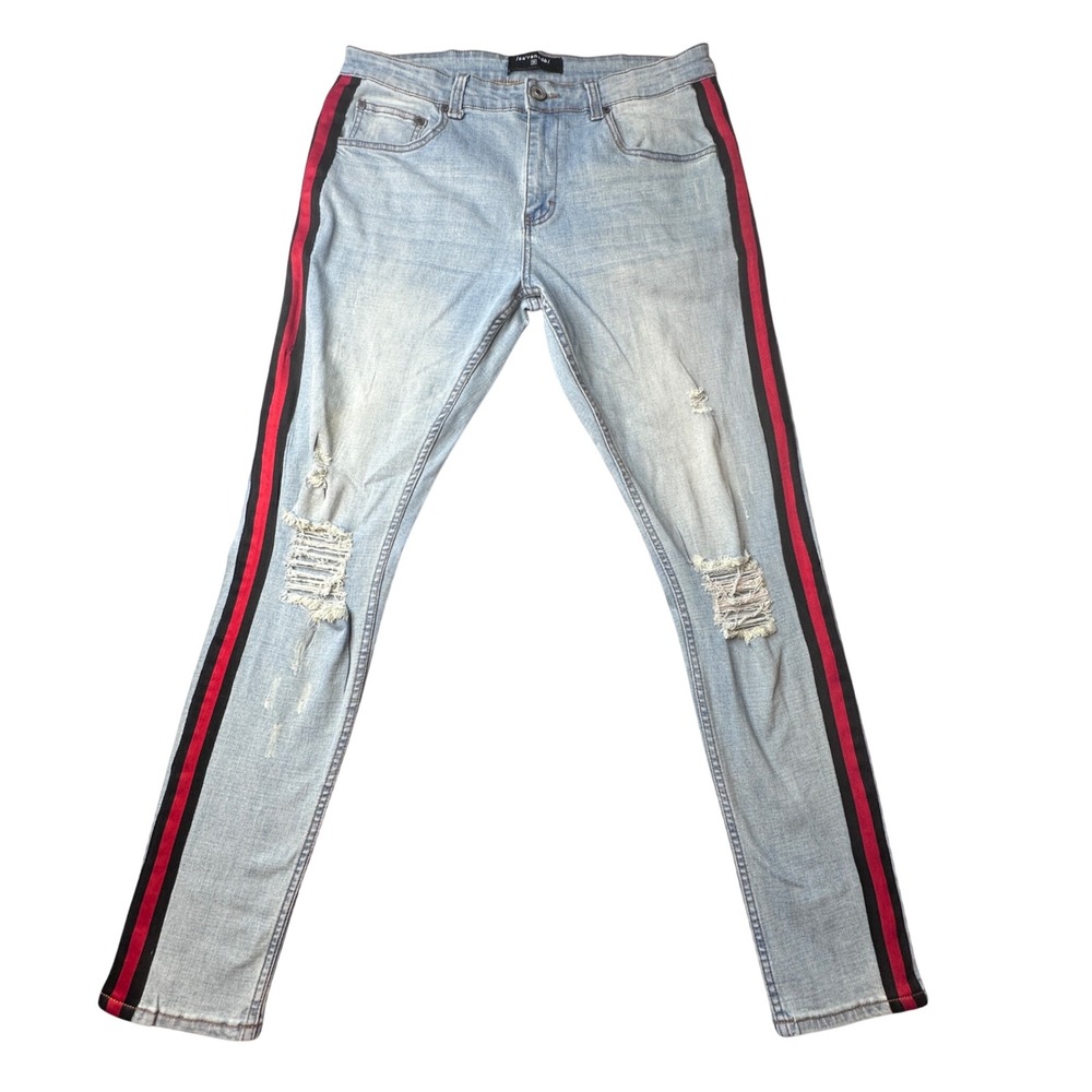 Serenade Jeans Mens 36 (34x31) Red Black Side Stripe Distressed Skinny Denim